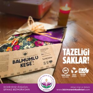 Plastik ambalajlara alternatif, balmumu kaplı pamuk kumaştan üretilmiş sürdürülebilir saklama bezi.